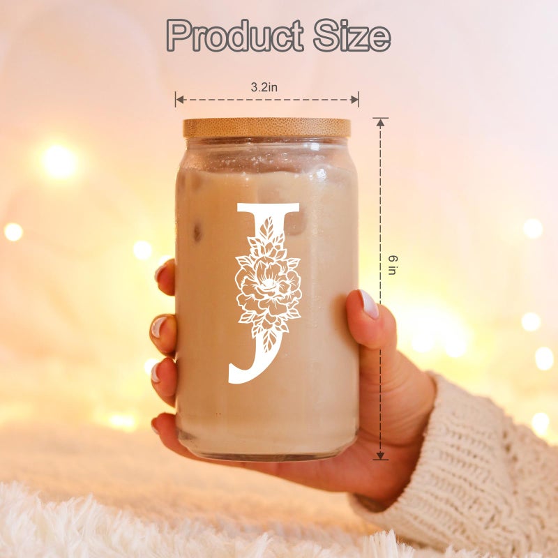 Coolife Initial Glass Cup, Monogrammed Gifts for Women, 16 oz Glass Cups w/Lids Straws, Iced Coffee Smoothie Beer Tumbler w/Straw Lid - Personalized Christmas, Birthday Gifts for Her Mom Friend Woman - Image 5