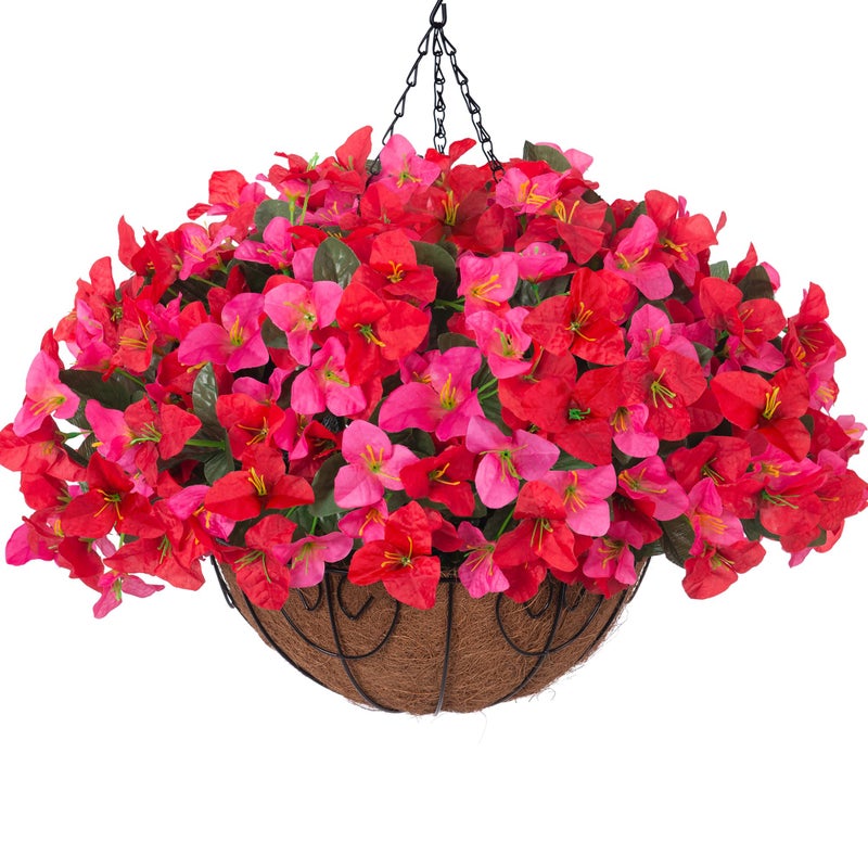 HyeFlora Artificial Fake Hanging Flower Plants Basket for Outdoors Spring Summer Decoration, Faux Bougainvillea Flowers in Planter Look Real UV Resistant Silk Flower for Outside Porch Patio Garden Home Decor - Image 1