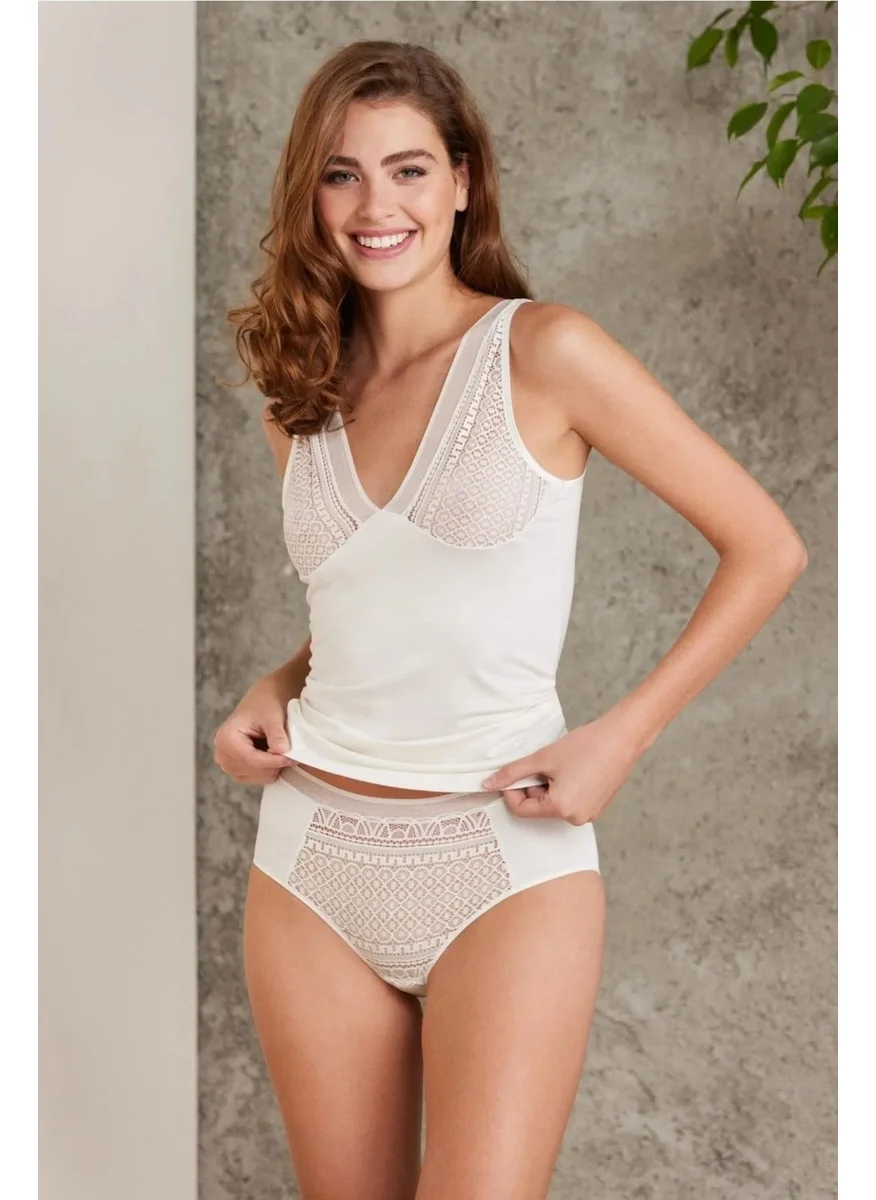 بيير كاردان 320 Women's Thick Strap Lace Undershirt Panty Set-Ecru