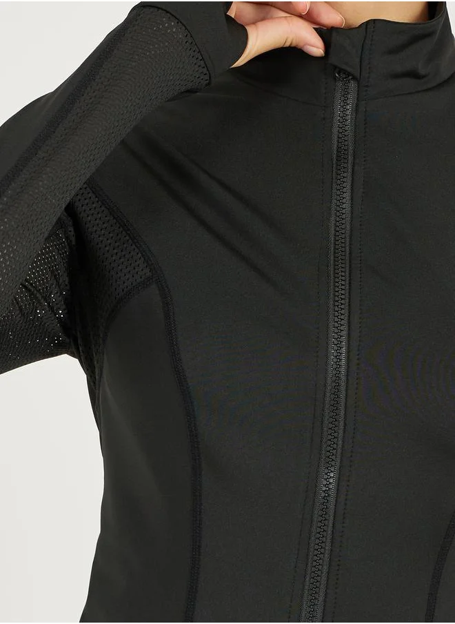 Styli Back Slogan Print Side Panel Mesh Insert Jacket