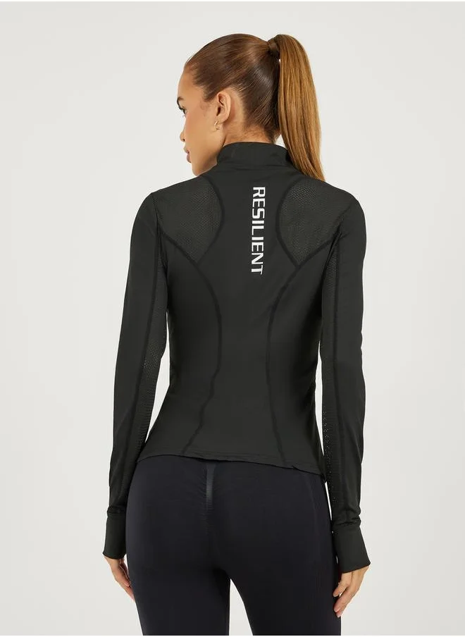 Styli Back Slogan Print Side Panel Mesh Insert Jacket