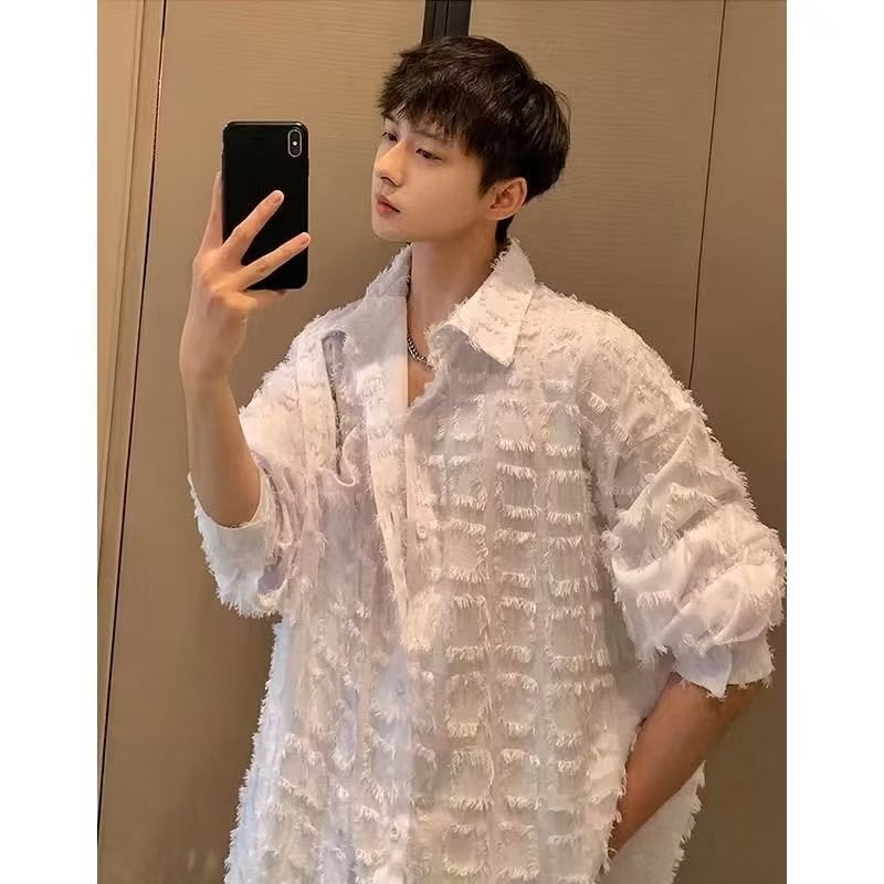Sanding Shirt Men'S Internet Celebrity Rippie Handsome Celebrity Same Style Tassel Color-Matching Long-Sleeve American Style Retro Casual High-End Sense Shirt - Image 2
