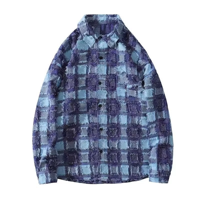 Sanding Shirt Men'S Internet Celebrity Rippie Handsome Celebrity Same Style Tassel Color-Matching Long-Sleeve American Style Retro Casual High-End Sense Shirt - Image 1