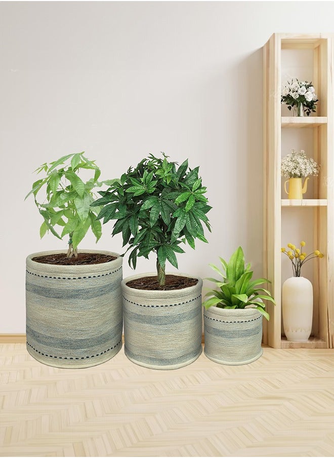 N & H Eco Friendly Handmade Cotton Fabric Planter Pots for Home Décor, Indoor Balcony, Living Room, Bedroom (Grey Stripes on Off-White)  - Image 1