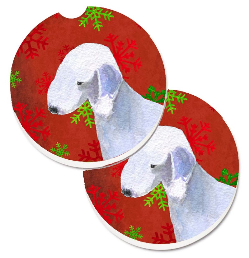 Caroline's Treasures SS4690CARC Bedlington Terrier Red and Green Snowflakes Holiday Christmas Set of 2 Cup Holder Car Coasters Absorbent Sandstone Coasters for Car Cup Holders Gifts for Men or Women