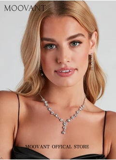 Moovant 4-Piece Jewelry Set for Women, Necklace + Bracelet +2 Earrings Set, Fashion Crystal Rhinestone Necklace, Elegant Bridal Party Jewelry Set  - Image 2