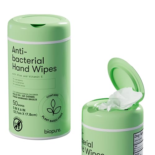 Biopure Antibacterial Hand Wipes Fresh Morning Breeze Antibacterial Wipes with Aloe and Vitamin E Formula 5x7 Wet Wipes Canister No Parabens Sulfates or Phthalates Kills 99 of Germs 50 ct