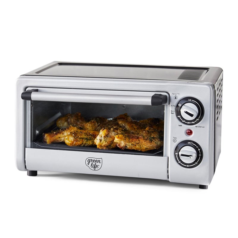GreenLife Countertop Toaster Oven Air Fryer Stainless Steel Healthy Ceramic Nonstick PFAS Free Tray Basket Bake Broil Reheat Adjustable Temp Time Control Auto Shutoff Black