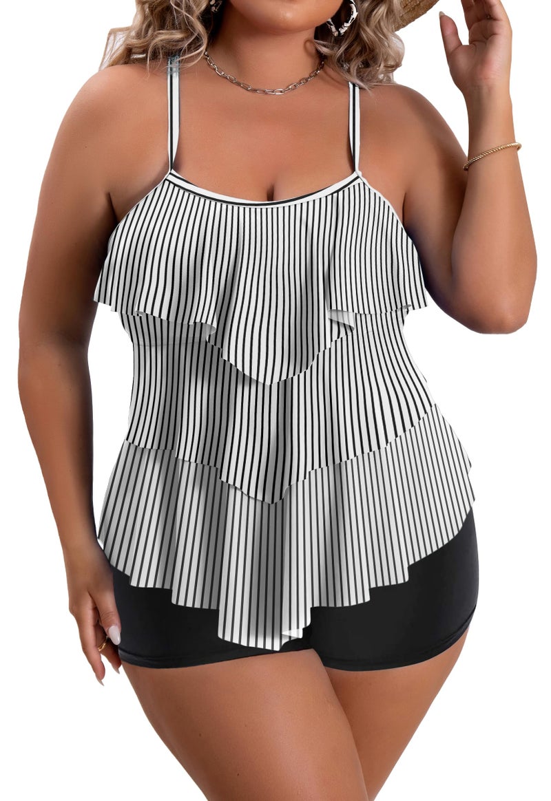 B2prity Women Plus Size Tankini Swimsuits Tummy Control Two Piece Bathing Suit Ruffled Flounce Swimwear with Shorts - Image 1
