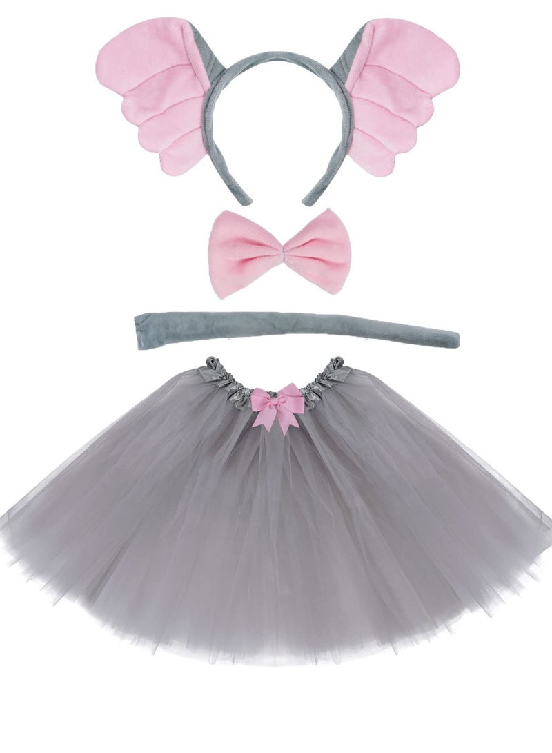 Excefore طقم زي الفيل للأطفال، عصابة رأس بأذني الفيل، ربطة عنق، ذيل، تنورة توتو، مناسب لحفلات عيد الميلاد، الترفيه، حفلات ارتداء الأزياء - Image 1