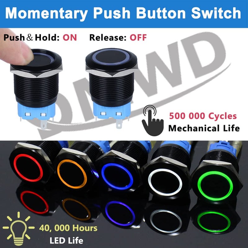 DMWD 2pcs 22mm Metal Waterproof Momentary Push Button Switch Black Shell with Harness, 12V-24V ON-OFF 5Pins 1NO 1NC Halo Ring Blue LED - Image 2