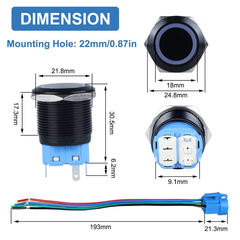 DMWD 2pcs 22mm Metal Waterproof Momentary Push Button Switch Black Shell with Harness, 12V-24V ON-OFF 5Pins 1NO 1NC Halo Ring Blue LED - Image 3