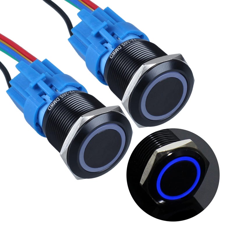 DMWD 2pcs 22mm Metal Waterproof Momentary Push Button Switch Black Shell with Harness, 12V-24V ON-OFF 5Pins 1NO 1NC Halo Ring Blue LED - Image 1