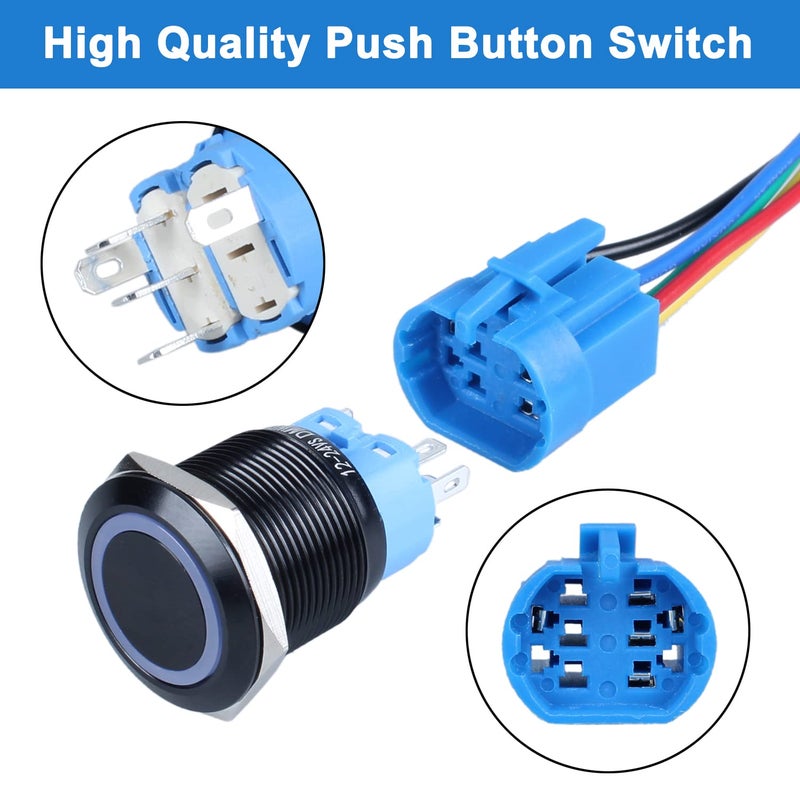 DMWD 2pcs 22mm Metal Waterproof Momentary Push Button Switch Black Shell with Harness, 12V-24V ON-OFF 5Pins 1NO 1NC Halo Ring Blue LED - Image 5