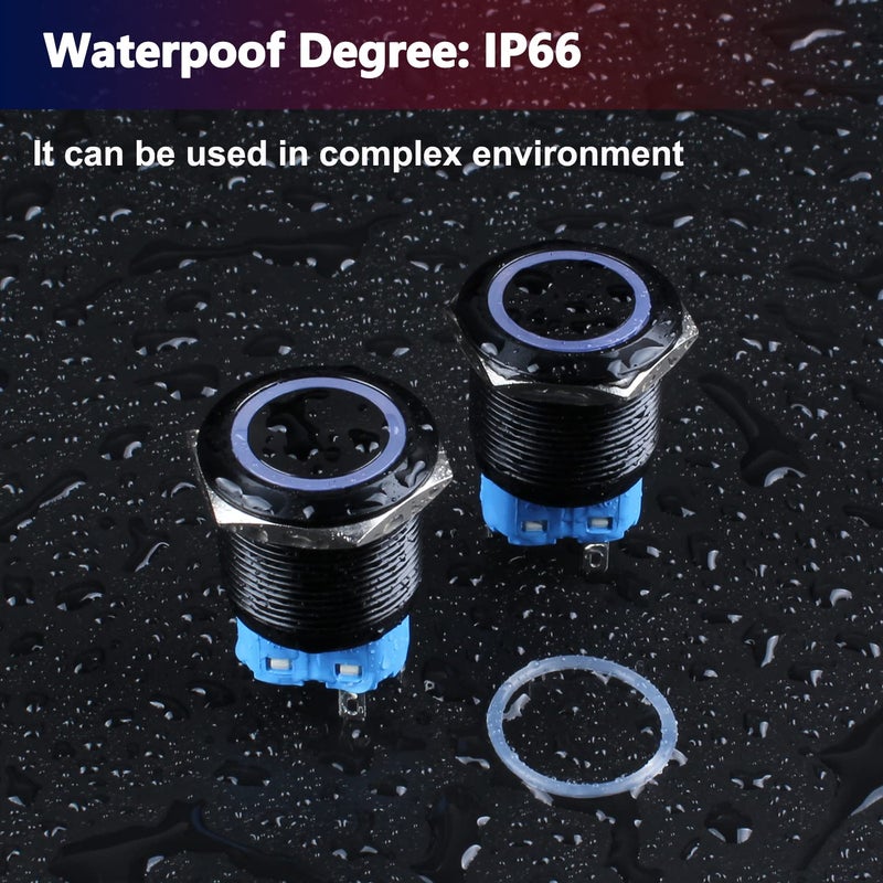 DMWD 2pcs 22mm Metal Waterproof Momentary Push Button Switch Black Shell with Harness, 12V-24V ON-OFF 5Pins 1NO 1NC Halo Ring Blue LED - Image 4