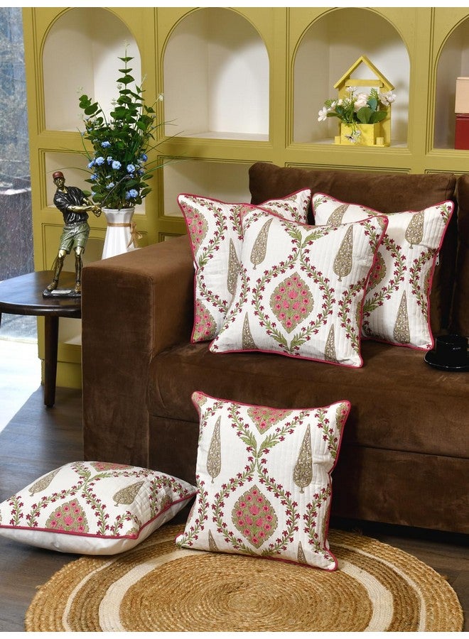 Clasiko Cotton 300 TC Cushion Covers Set of 5; 24X24 Inches; Pink Beige Block Print - Image 3