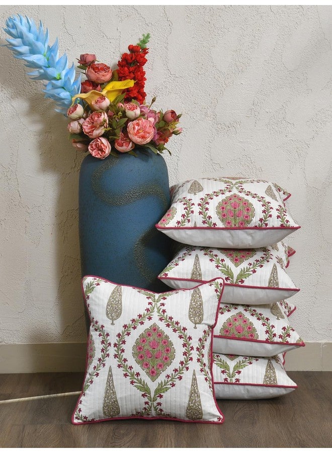 Clasiko Cotton 300 TC Cushion Covers Set of 5; 24X24 Inches; Pink Beige Block Print - Image 2