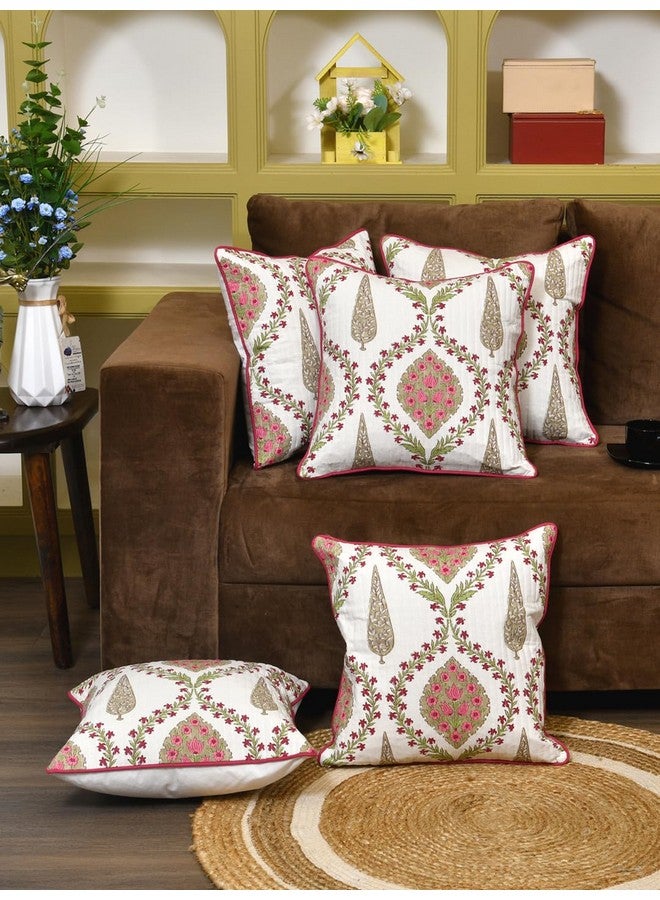 Clasiko Cotton 300 TC Cushion Covers Set of 5; 24X24 Inches; Pink Beige Block Print - Image 1