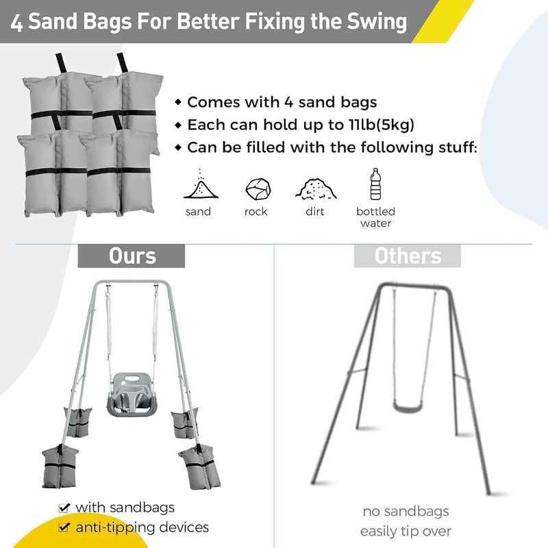 FUNLIO 3-in-1 Toddler Swing Set with 4 Sandbags, Kids Swing Set for Backyard, Indoor/Outdoor Baby Swing with Foldable Metal Stand, Clear Instructions, Easy to Assemble & Store, Grey - Image 4
