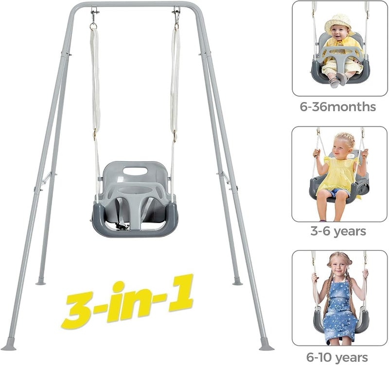 FUNLIO 3-in-1 Toddler Swing Set with 4 Sandbags, Kids Swing Set for Backyard, Indoor/Outdoor Baby Swing with Foldable Metal Stand, Clear Instructions, Easy to Assemble & Store, Grey - Image 2