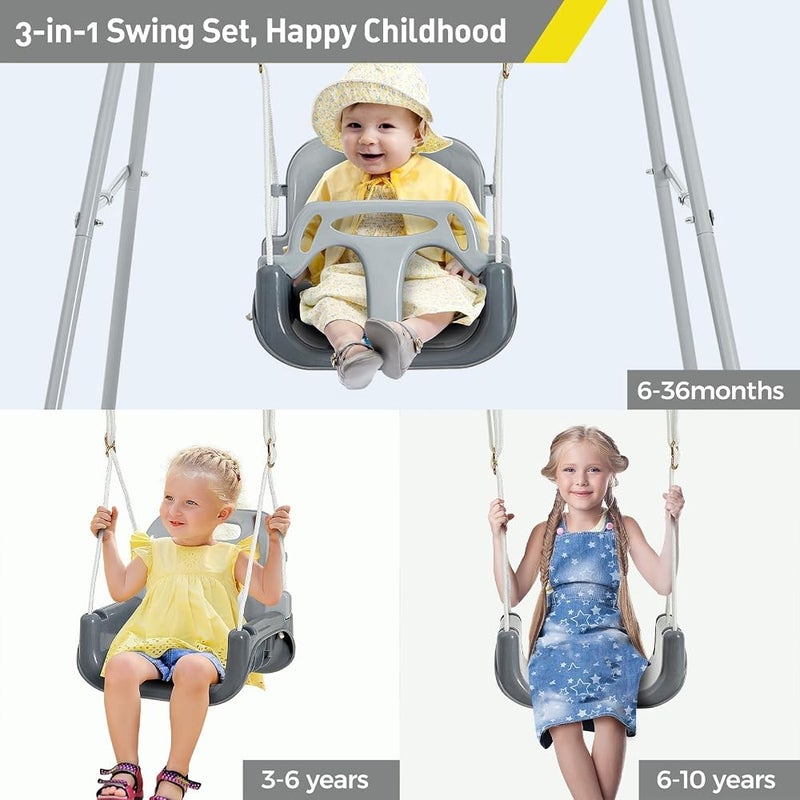 FUNLIO 3-in-1 Toddler Swing Set with 4 Sandbags, Kids Swing Set for Backyard, Indoor/Outdoor Baby Swing with Foldable Metal Stand, Clear Instructions, Easy to Assemble & Store, Grey - Image 3