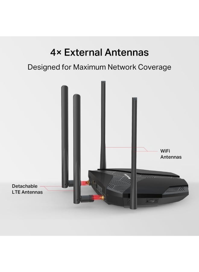 MERCUSYS AC1200 Wi-Fi 4G+ LTE Router, Build-In 300Mbps 4G LTE Modem
SPEED: 300 Mbps at 2.4 GHz, 867 Mbps at 5 GHz, 4G+ Cat6 300/50 Mbps
SPEC: 2× External Fixed Wi-Fi Antennas, 2× External Detachable LTE Antennas, 3× Gigabit LAN Ports, 1× Gigabit WAN/LAN Port, FDD-LTE (B1/B3/B5/B7/B8/B20/B28), TDD-LTE (B38/B40), HSPA+/UMTS (B1/B5/B8)
FEATURE: MERCUSYS APP,Nano SIM Card Plug and Play, 3G/4G Router/Wi-Fi Router Mode, SMS, IPv6, Parental Controls Black - Image 4