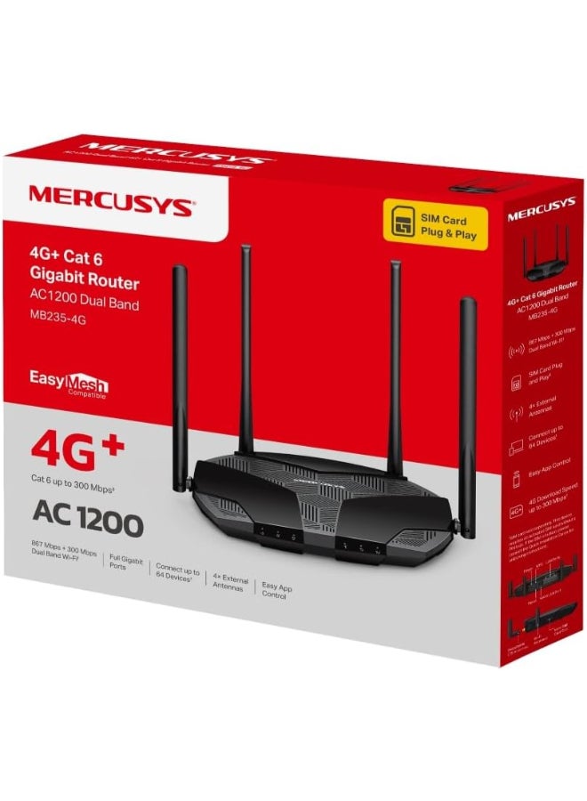 MERCUSYS AC1200 Wi-Fi 4G+ LTE Router, Build-In 300Mbps 4G LTE Modem
SPEED: 300 Mbps at 2.4 GHz, 867 Mbps at 5 GHz, 4G+ Cat6 300/50 Mbps
SPEC: 2× External Fixed Wi-Fi Antennas, 2× External Detachable LTE Antennas, 3× Gigabit LAN Ports, 1× Gigabit WAN/LAN Port, FDD-LTE (B1/B3/B5/B7/B8/B20/B28), TDD-LTE (B38/B40), HSPA+/UMTS (B1/B5/B8)
FEATURE: MERCUSYS APP,Nano SIM Card Plug and Play, 3G/4G Router/Wi-Fi Router Mode, SMS, IPv6, Parental Controls Black - Image 1