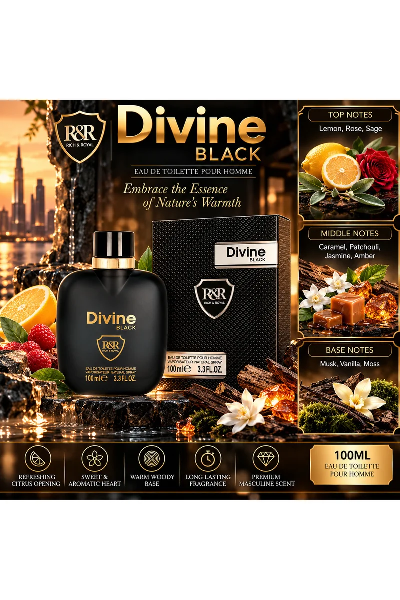 محبوب للعطور Divine Black Eau de Toilette Pour Homme 100ml | Fresh Citrus, Sweet & Woody Fragrance