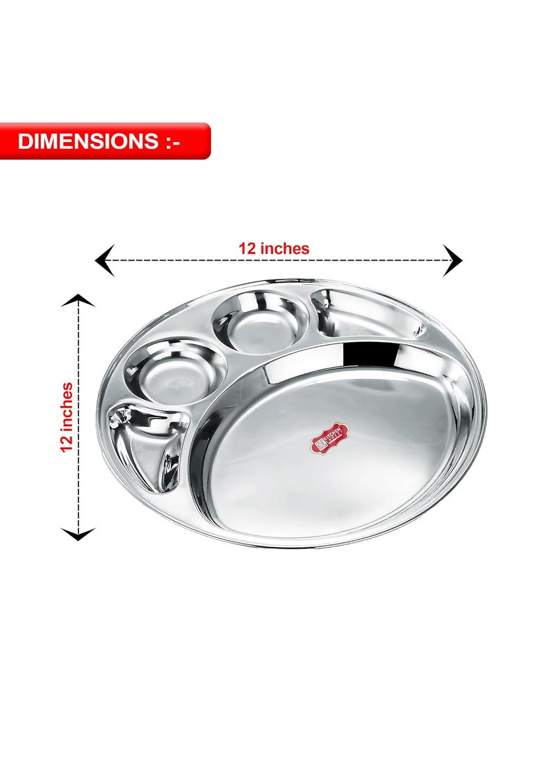 Kitchen Expert Kitchen Expert® Stainless Steel Round Dinner Plate with 5 Sections Divided Thali Set | Mess Trays for Kids | Breakfast and Lunch Plates | Picnic Plates (Set of 6)  - Image 3