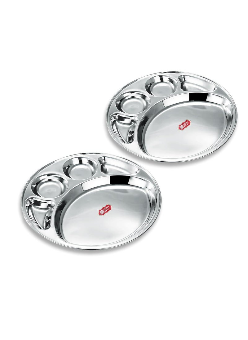 Kitchen Expert Kitchen Expert® Stainless Steel Round Dinner Plate with 5 Sections Divided Thali Set | Mess Trays for Kids | Breakfast and Lunch Plates | Picnic Plates (Set of 6)  - Image 1