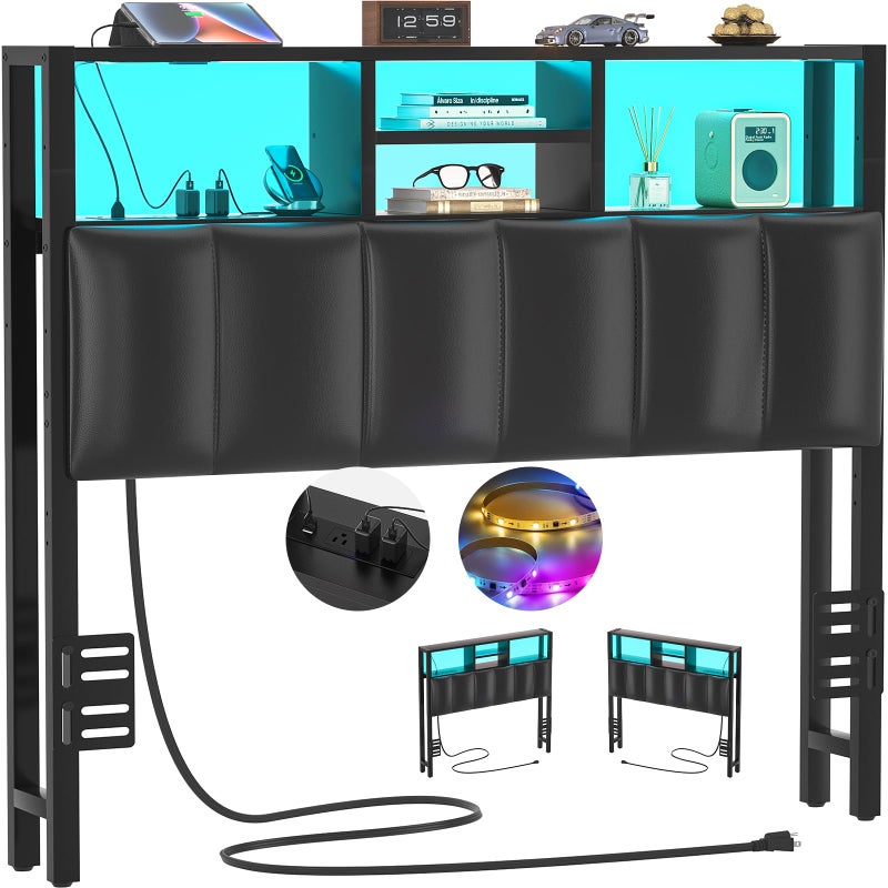 Aheaplus Headboard for Twin Size Bed with Storage, Upholstered Headboards with Outlets, USB Ports and LED Light, Reversible Twin Size Head Board, Height Adjustable, Comfortable Headboard, Black - Image 1
