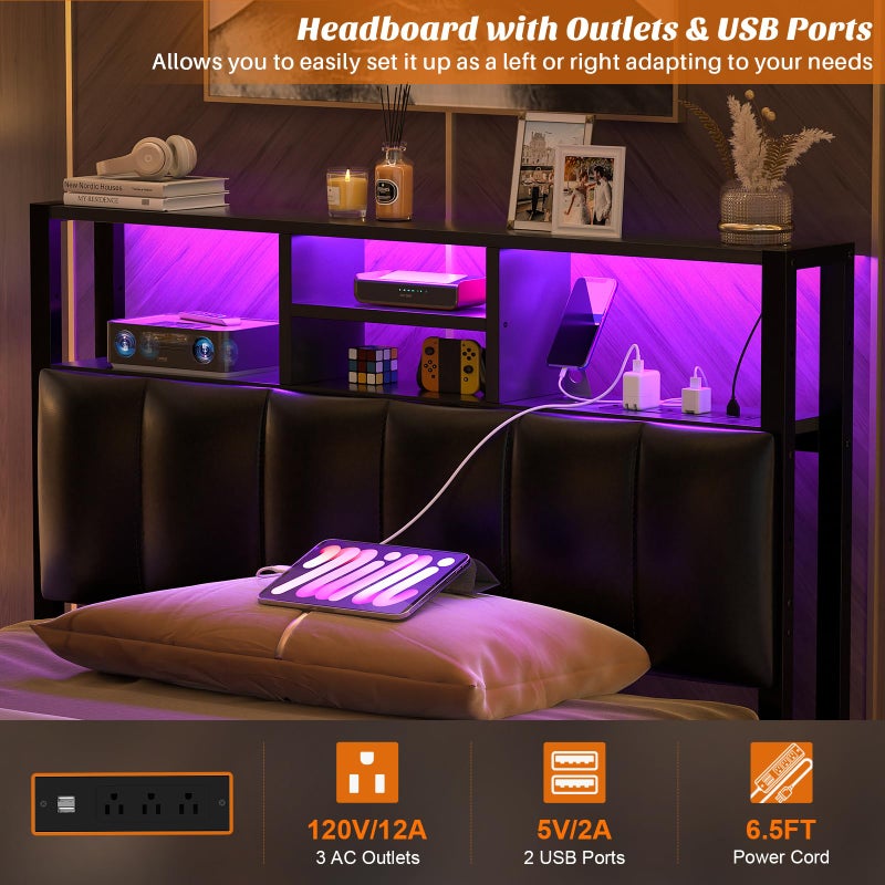 Aheaplus Headboard for Twin Size Bed with Storage, Upholstered Headboards with Outlets, USB Ports and LED Light, Reversible Twin Size Head Board, Height Adjustable, Comfortable Headboard, Black - Image 2