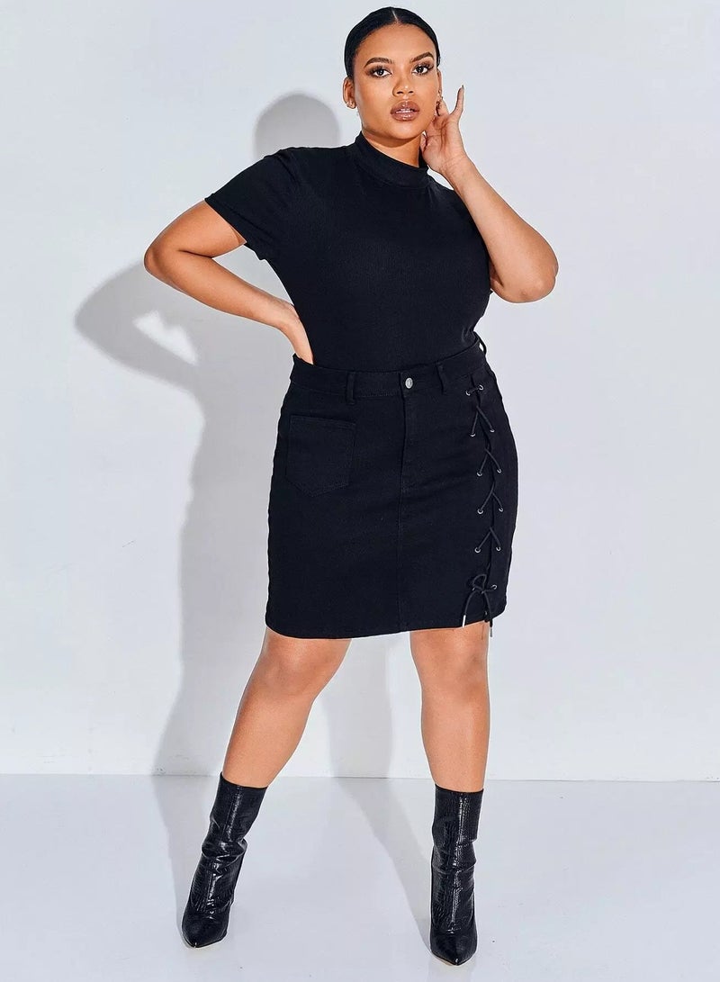 Plus Lace Up Denim Skirt  - Image 5