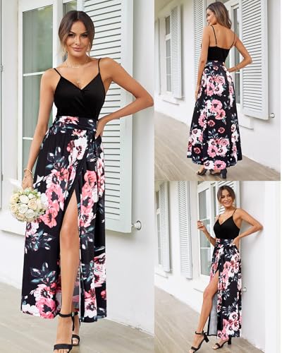 Newshows Spring Dresses for Women 2025 V Neck Bridal Shower Sleeveless Casual Floral Split Vestidos Beach Vacation Long Flowy Maxi Dresses Trendy(Black Floral Pink White,M) - Image 2