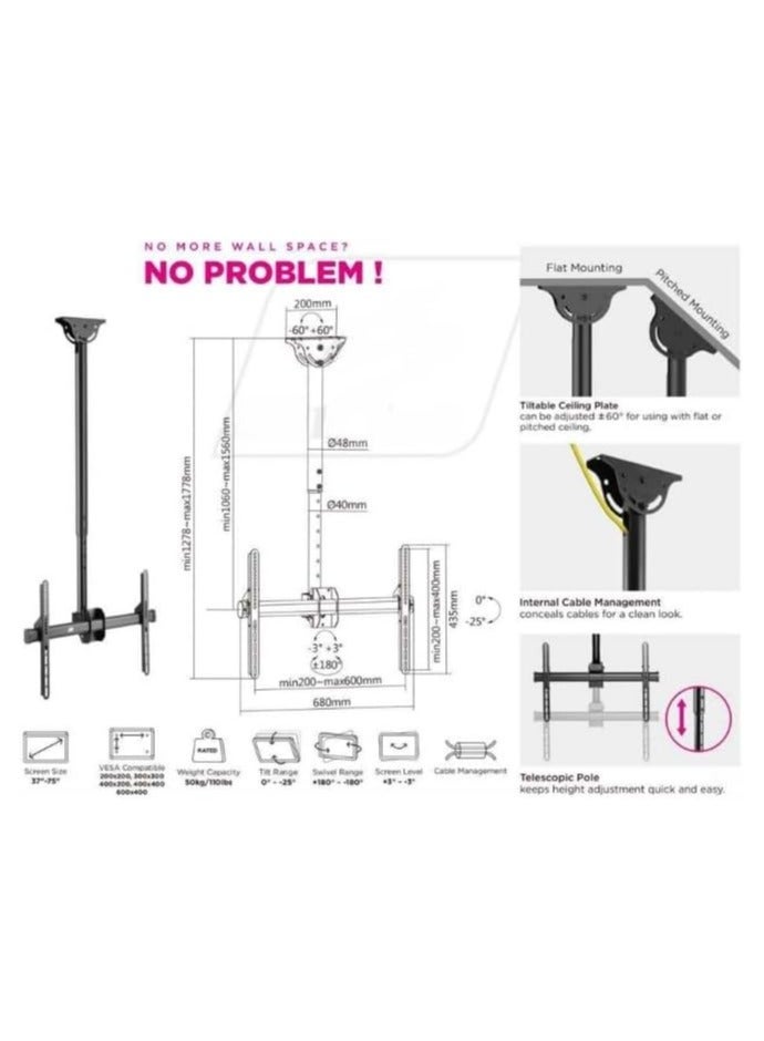 سكيل تك Ceiling Mount for 26–75″ LED/LCD Screens – SH 615C Heavy-Duty Adjustable Drop (1278–1778 mm), Supports Up to 50 kg, Universal VESA 600×400 Compatibility, 360° Swivel & Tilt, Cable Management, Sleek Black Finish - Image 2