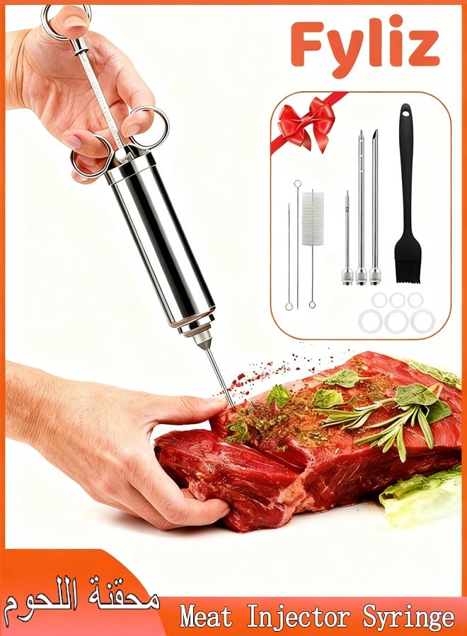 Fyliz 304 Stainless Steel Meat Injector, 2oz Seasoning Syringe with 3 Needles for BBQ, Turkey & Brisket - Image 1