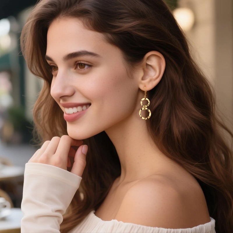 ALEXCRAFT 14K Gold Plated Dangle Earrings for Women, ALEXCRAFT Dangle Hammered Earrings Drop Circle Double Round Earring Dangling Trendy Leverback Dangly Geometric Earings - Image 2