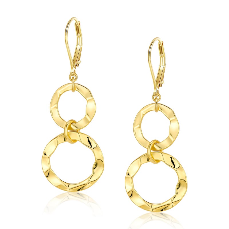 ALEXCRAFT 14K Gold Plated Dangle Earrings for Women, ALEXCRAFT Dangle Hammered Earrings Drop Circle Double Round Earring Dangling Trendy Leverback Dangly Geometric Earings - Image 1