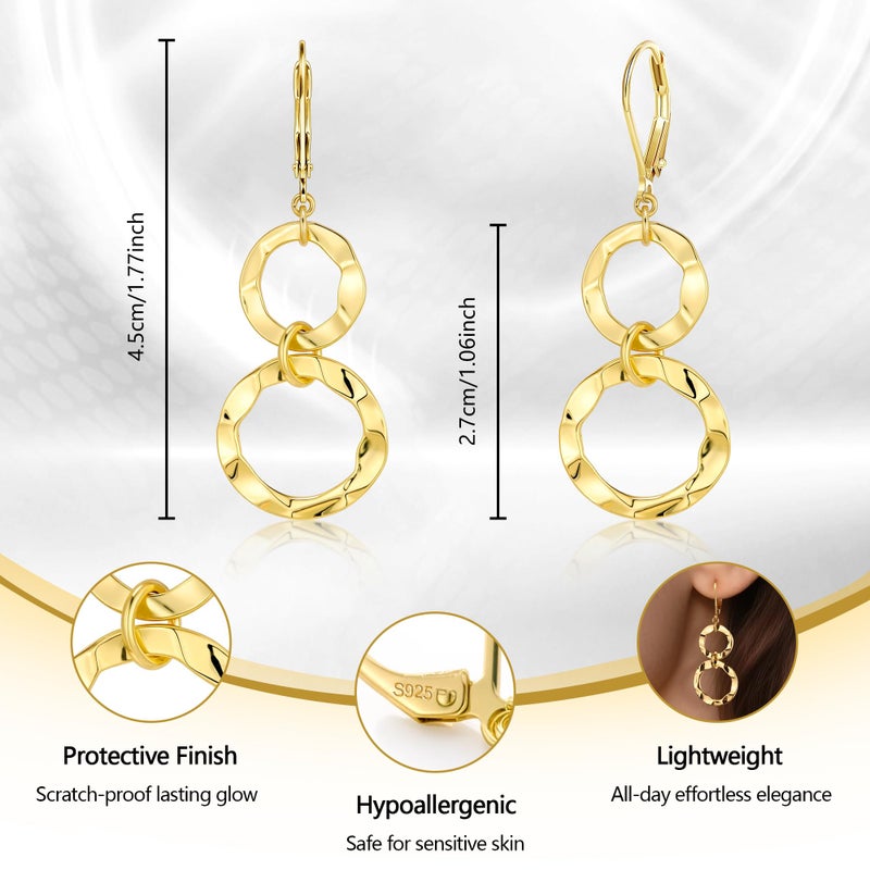 ALEXCRAFT 14K Gold Plated Dangle Earrings for Women, ALEXCRAFT Dangle Hammered Earrings Drop Circle Double Round Earring Dangling Trendy Leverback Dangly Geometric Earings - Image 3