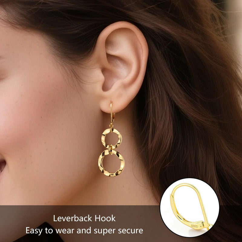 ALEXCRAFT 14K Gold Plated Dangle Earrings for Women, ALEXCRAFT Dangle Hammered Earrings Drop Circle Double Round Earring Dangling Trendy Leverback Dangly Geometric Earings - Image 4