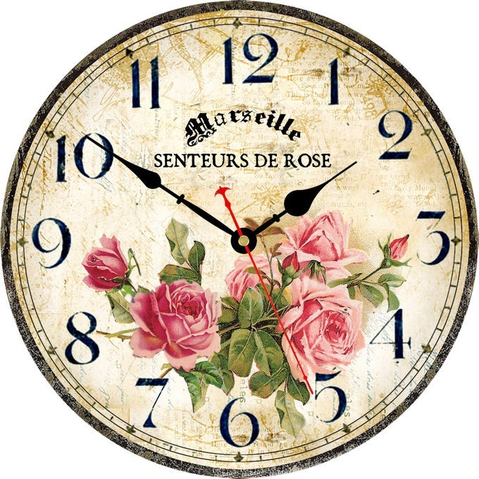 HOME CLOCK 14 INCH SILENT NONTICKING QUARTZ MOVEMENT WOODEN WALL CLOCK ROUND BATTERY OPERATED INDOOR DECORATIVE WALL CLOCKS VINTAGE FRENCH FLORAL WALL CLOCK PINK ROSES