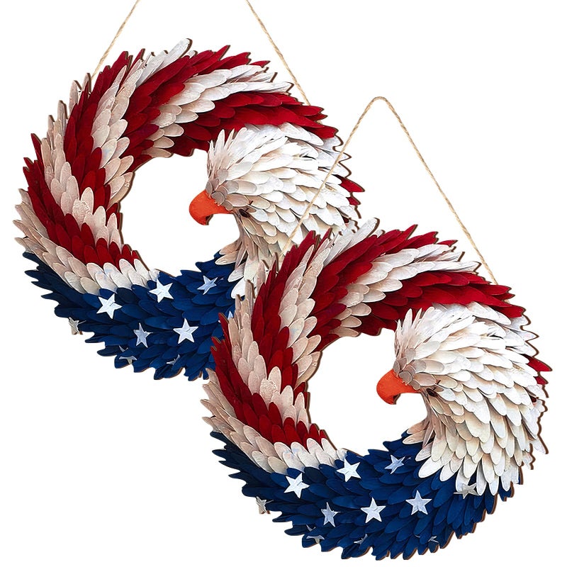 Anglechic 2 Pcs 4th of July Hanging Door Sign Eagle Wreath 250th Anniversary Decorations Patriotic Door Hanger American Wooden Plaque for Wall Front Porch Memorial Day Decor - Image 2