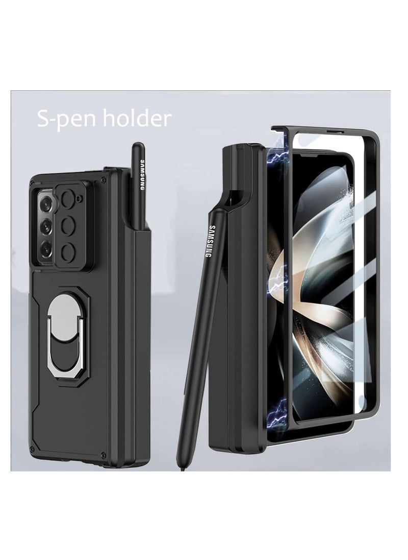 Compatible with Samsung Galaxy Z Fold 6 Case with Sliding Camera Cover and Pen Holder [Pen Not Included], Built-in Front Screen Protector, Magnetic Hinge Case with Ring Stand