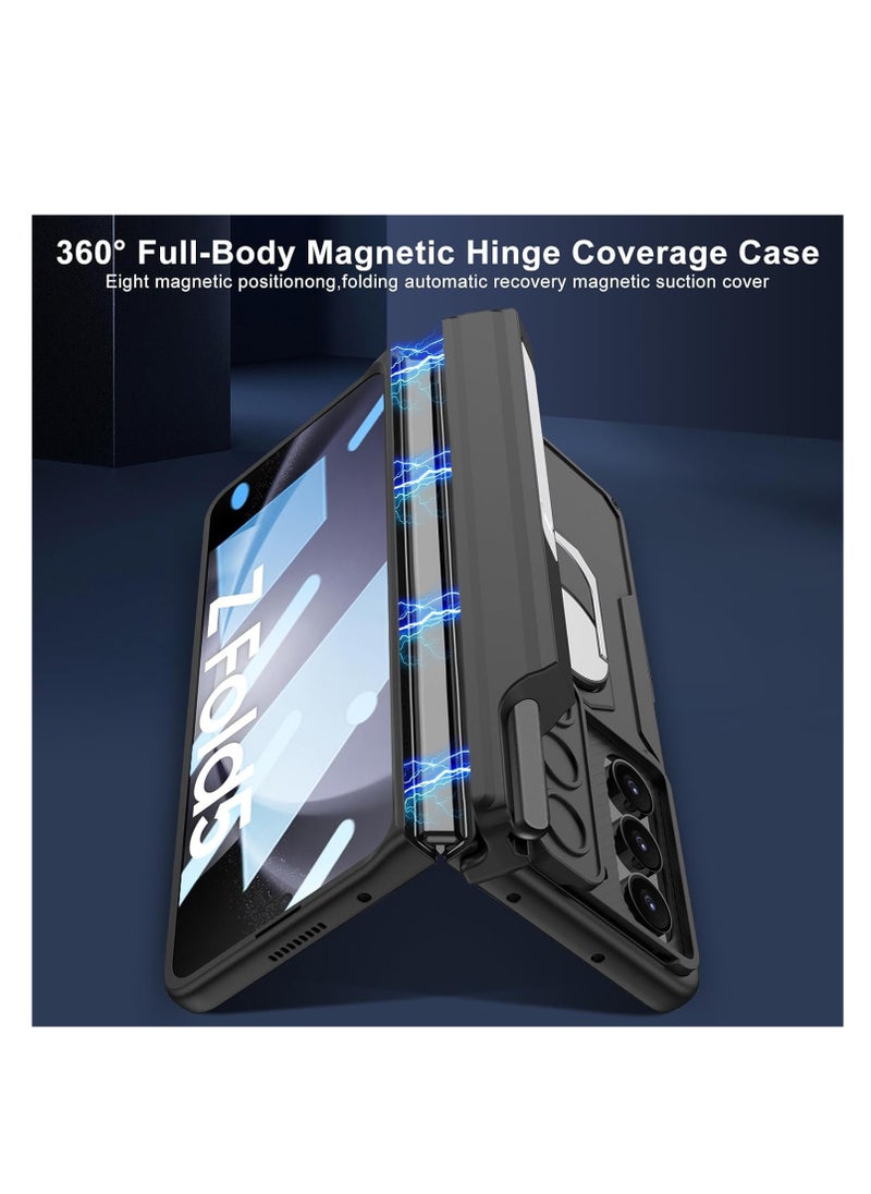 Compatible with Samsung Galaxy Z Fold 6 Case with Sliding Camera Cover and Pen Holder [Pen Not Included], Built-in Front Screen Protector, Magnetic Hinge Case with Ring Stand