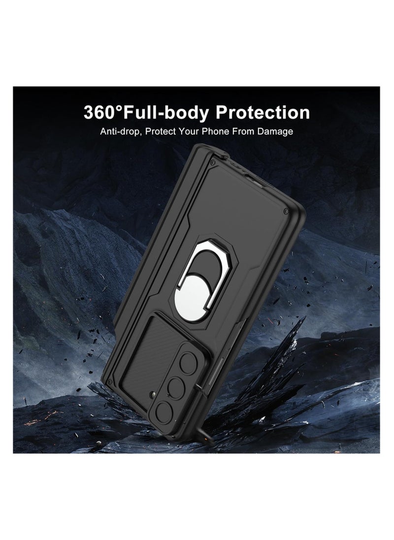 Compatible with Samsung Galaxy Z Fold 6 Case with Sliding Camera Cover and Pen Holder [Pen Not Included], Built-in Front Screen Protector, Magnetic Hinge Case with Ring Stand