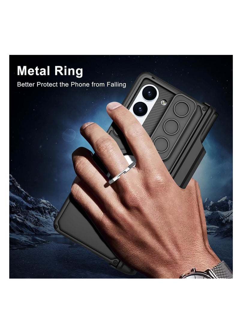 Compatible with Samsung Galaxy Z Fold 6 Case with Sliding Camera Cover and Pen Holder [Pen Not Included], Built-in Front Screen Protector, Magnetic Hinge Case with Ring Stand