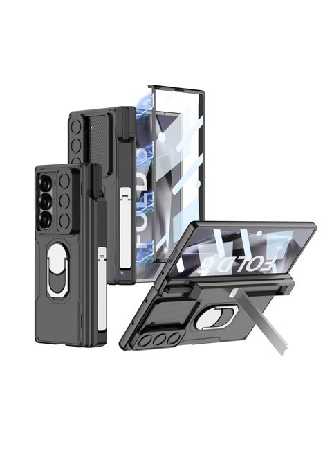 Compatible with Samsung Galaxy Z Fold 6 Case with Sliding Camera Cover and Pen Holder [Pen Not Included], Built-in Front Screen Protector, Magnetic Hinge Case with Ring Stand