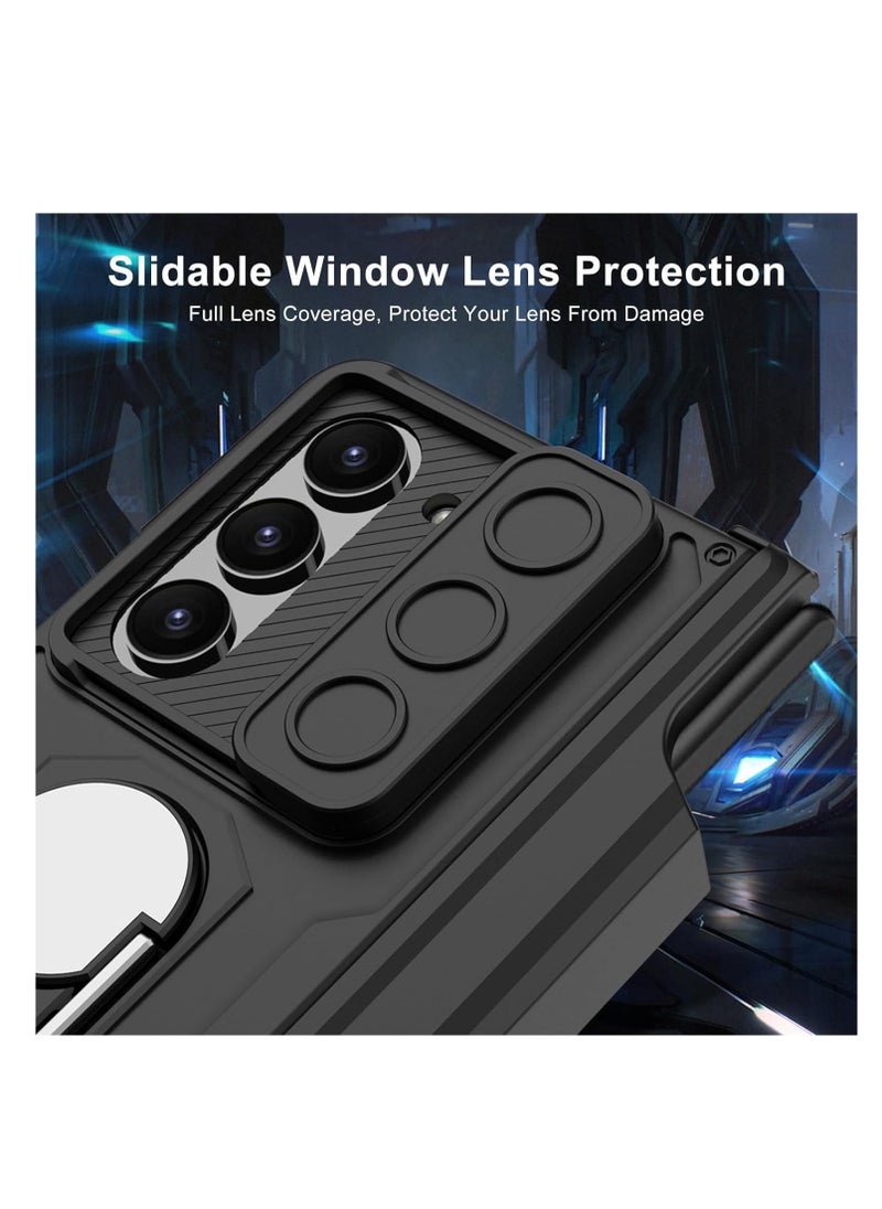 Compatible with Samsung Galaxy Z Fold 6 Case with Sliding Camera Cover and Pen Holder [Pen Not Included], Built-in Front Screen Protector, Magnetic Hinge Case with Ring Stand