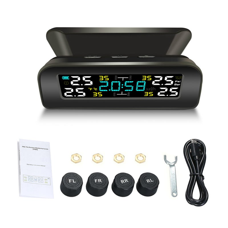 Car TPMS Tire Pressure Monitoring System Car Wireless Solar Charging Alarm System TPMS with Clock, Auto Backlight & Sleep & Awake Mode, 4 External Sensors, LCD Display - Image 3