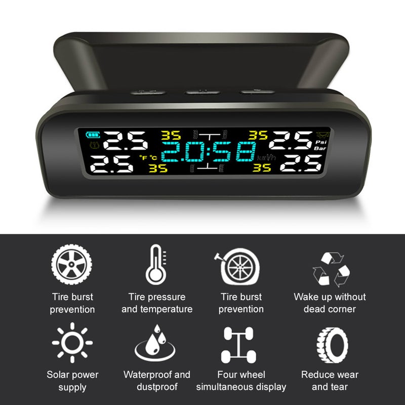 Car TPMS Tire Pressure Monitoring System Car Wireless Solar Charging Alarm System TPMS with Clock, Auto Backlight & Sleep & Awake Mode, 4 External Sensors, LCD Display - Image 1